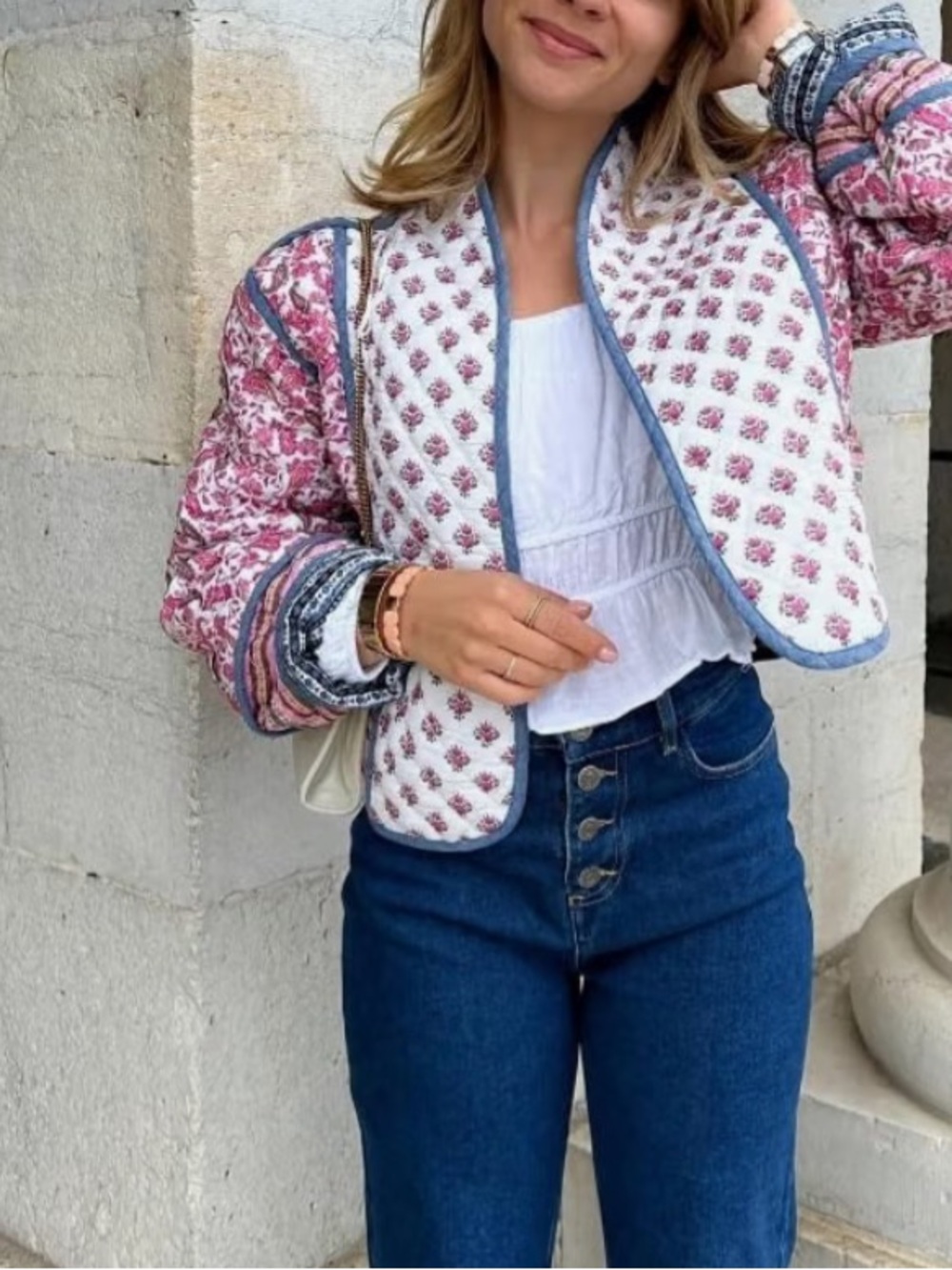 Women Open Front Puffer Jacket Quilted Floral Crop Cardigan - Pink/White